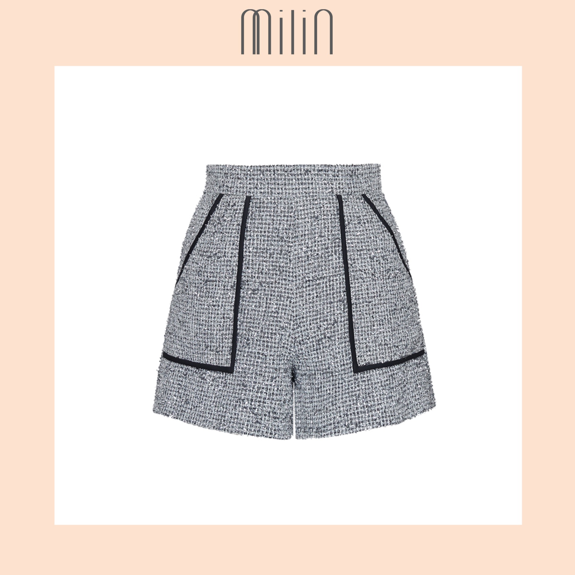 [MILIN] Pei Zhen Side zip Contrast silk piping detail Metallic tweed High waisted shorts / กางเกงขาสั้นผ้าเมทาลิคทวีตติดซิปข้างเดินตะเข็บผ้าไหมสีดำ สีเงิน