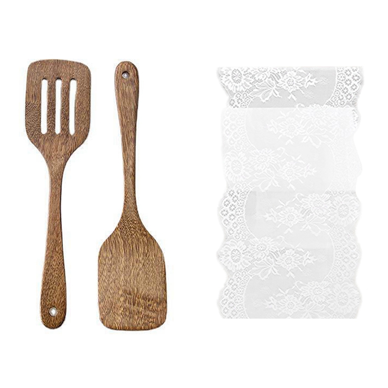 1 Pcs White Lace Table Runner Embroidered Floral Table Runners & 1 Set Non-Stick Steak Fried Fish Spatula Cookware
