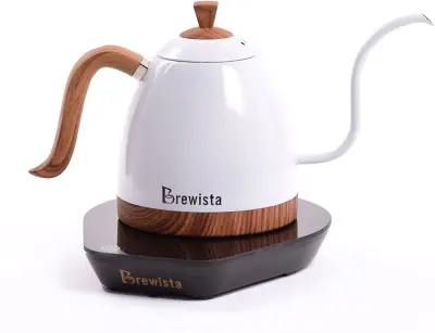 Brewista (กา+ฐาน+ปลั๊กไทย) กาต้มน้ำกาแฟดริปคอห่าน 600ml สีขาวฐานไม้