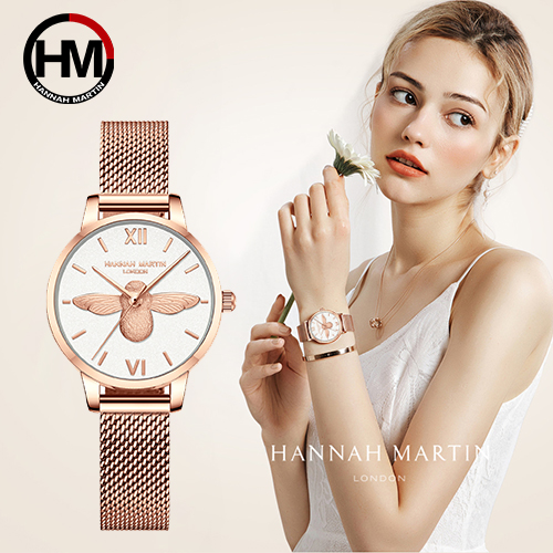 HANNAH MARTIN นาฬิกาข้อมือ นาฬิกาผู้หญิง ธุรกิจ แฟชั่น ลำลอง นาฬิกาควอตซ์ สายเหล็ก กันน้ำ รูปแบบผึ้ง การเคลื่อนไหวญี่ปุ่น ของแท้ 100%