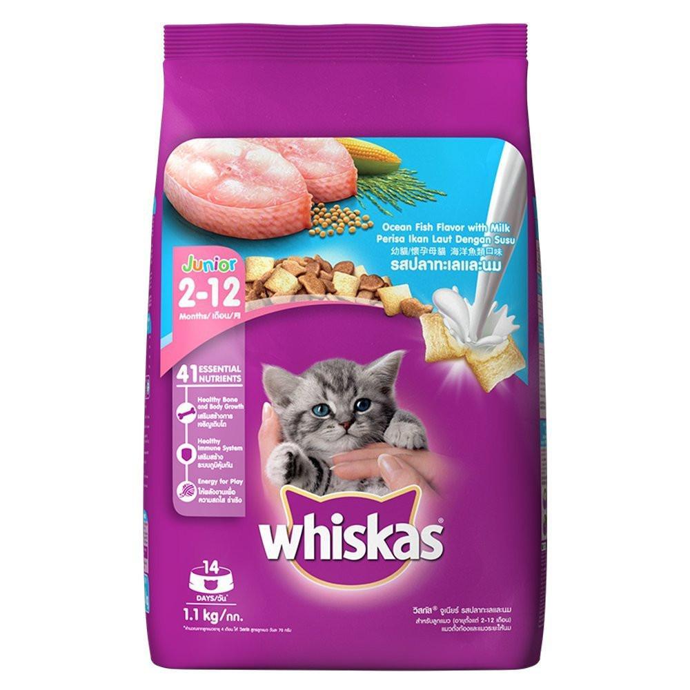 Whiskas Junior อาหารลูกแมว อาหารเม็ด รสปลาทะเลและนม สำหรับลูกแมวอายุ 2-12 เดือน (1.1 กิโลกรัม/ถุง)