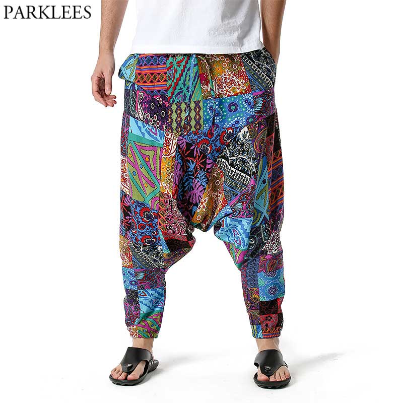 Chinese Ethnic Mens Plaid Loose Plus Size Floral Casual Slim Pants Trouser Print
