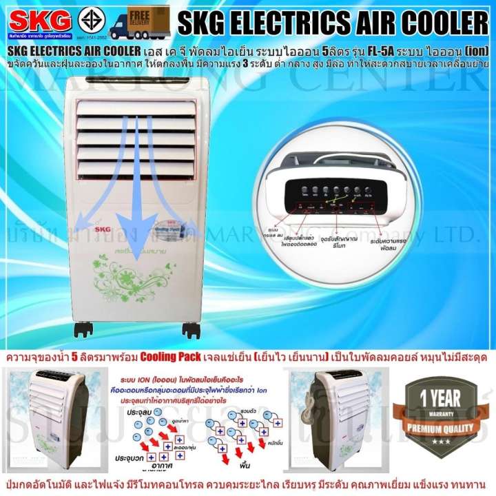 SKG ELECTRICS AIR COOLER เอส เค จี พัดลมไอเย็น 5ลิตร รุ่น FL-5A ระบบ ไอออน (ion) ขจัดควันและฝุ่นละอองในอากาศ มีล้อ มาพร้อม Cooling Pack เจลแช่เย็น เย็นไว เย็นนาน เป็นใบพัดลมคอยล์ มีรีโมทคอนโทรล V19 2N-01