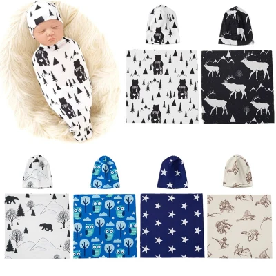 Baby Bedding Cotton Blanket Newborn Receiving Blanket Hat Set Infants Swaddle Wrap Sleeping Bag Blanket Baby Bonnet Set 2Pcs