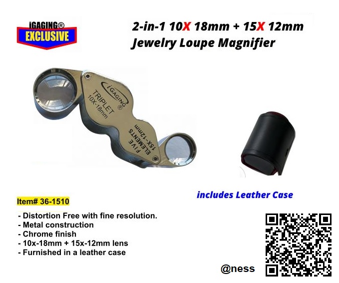 กล้องส่องพระ iGAGING 2-In-1 10X 18mm + 15X 12mm Jewelry Loupe Magnifier Lens w Leather Case, กล้องส่องพระ กล้องส่องจิวเวอร์รี่ ตัวเรือนชุบโครเมี่ยมขนาดเลนส์ พร้อมซองหนัง