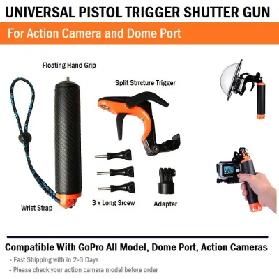 Universal Pistol Trigger compatible with GoPro Hero 6 Hero 5 Hero 4, Hero 3 and Xiaomi Yi, Dome Port