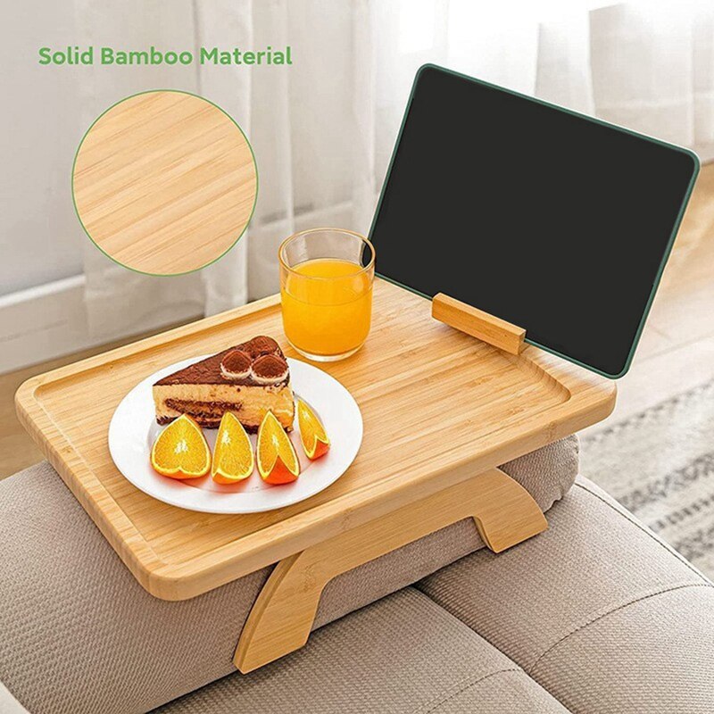 Bamboo Sofa Tray Table Clip on Side Table for Wide Couches Arm, Foldable Couch Tray with 360° Rotating Phone Holder