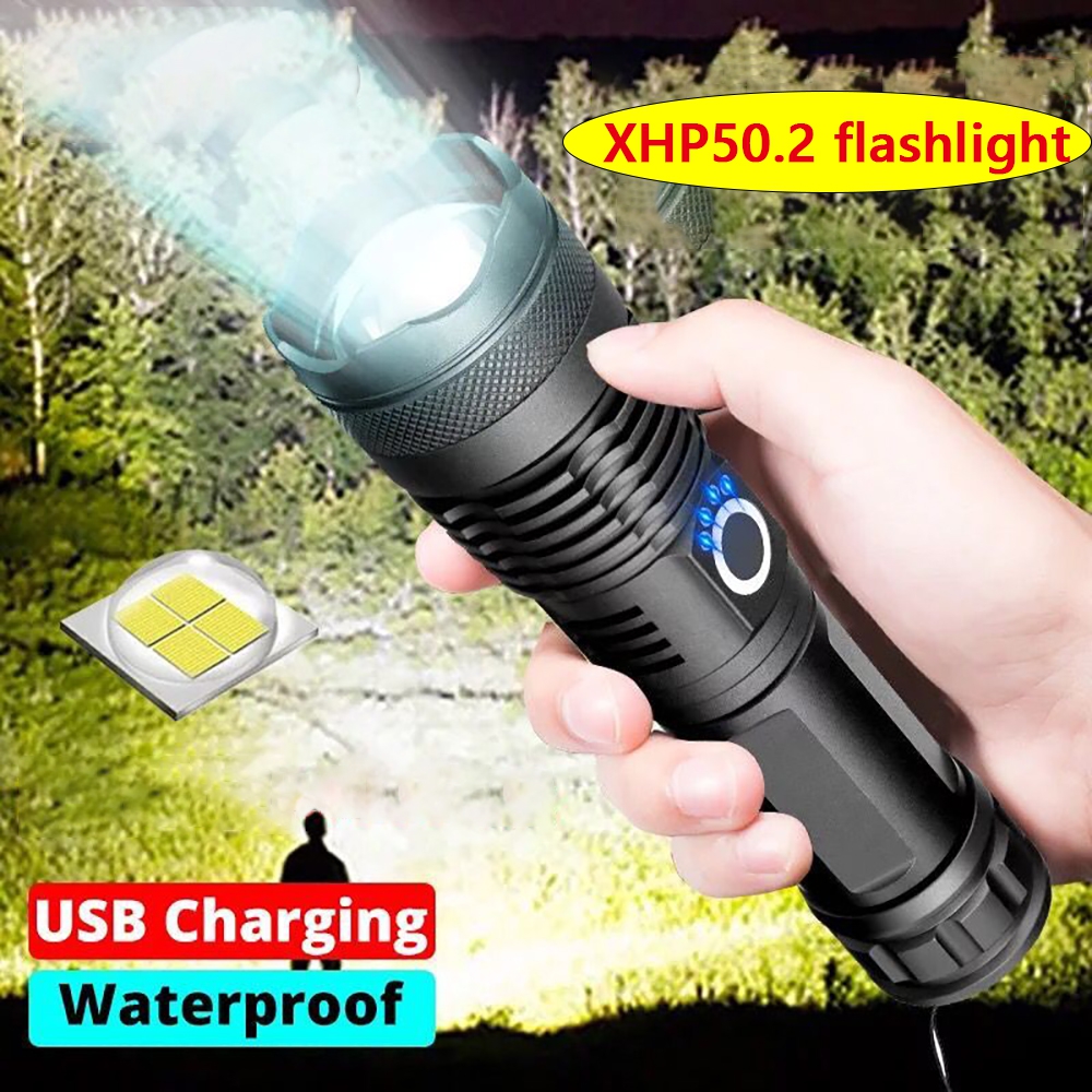 ไฟฉายที่มีประสิทธิภาพ ไฟฉาย xhp50.2 most powerful flashlight ไฟฉายเดินป่า ไฟฉายแรงสูง ไฟฉายพกพา 5 Modes usb Zoom led torch Flashlight Rechargeable 18650 or 26650 battery Best Camping Outdoor hunting lamp ไฟฉายชาร์จได้