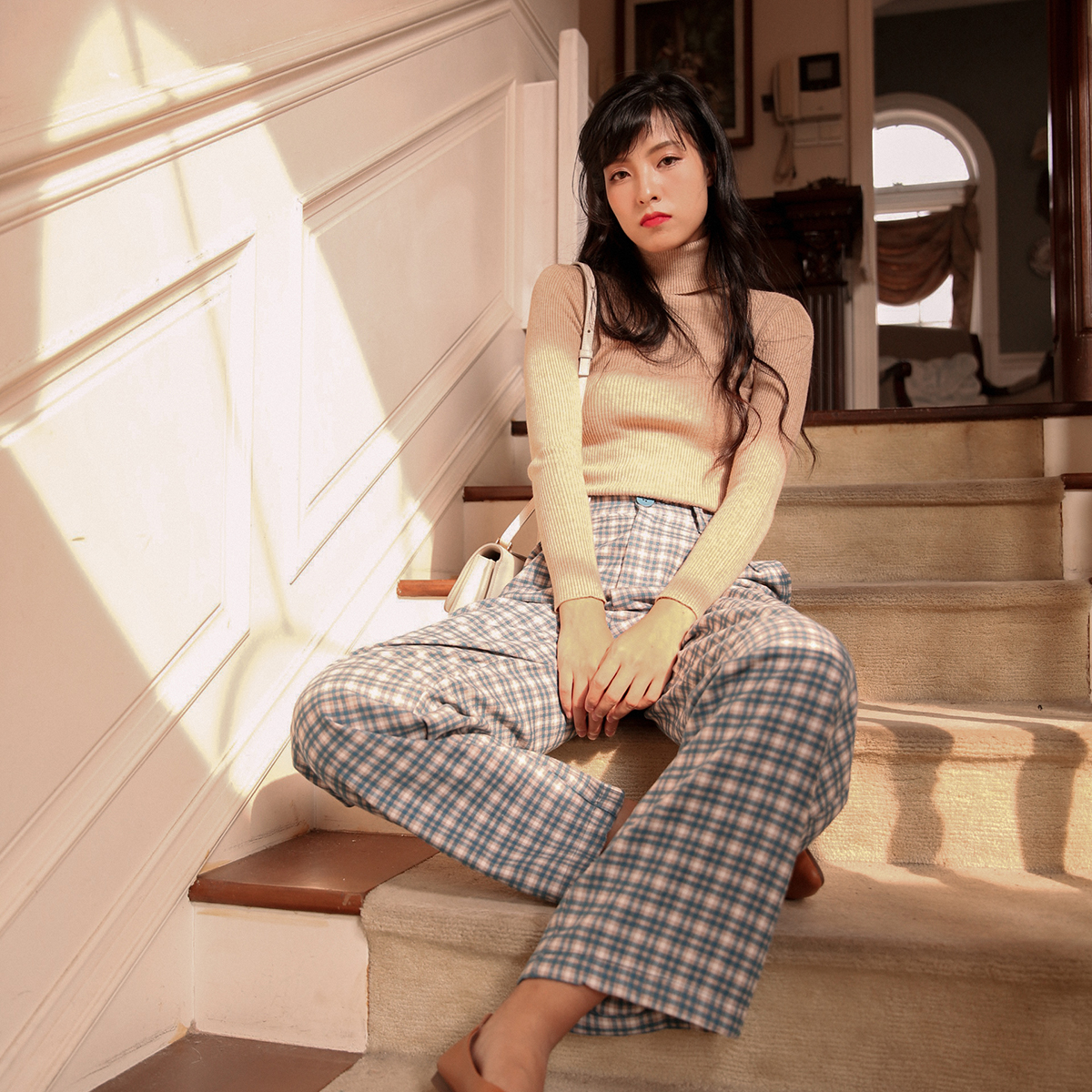 women's blue plaid pants