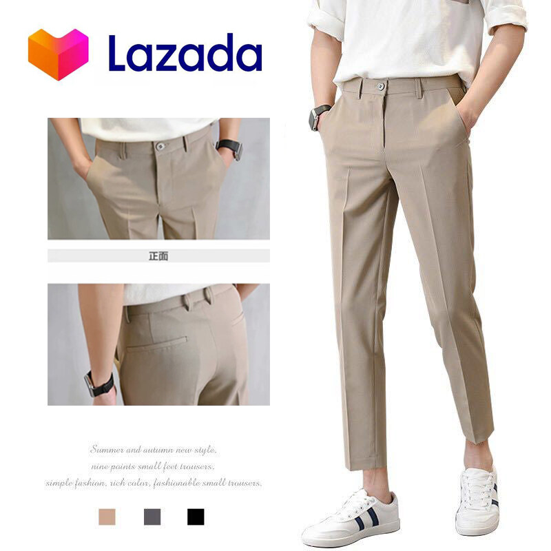 YS | Fashion Casual Slacks Cropped Pants X201 slim fit trousers กางเกงสแล็คชาย สามสี สีดำ สีเทา กากี size 28~34