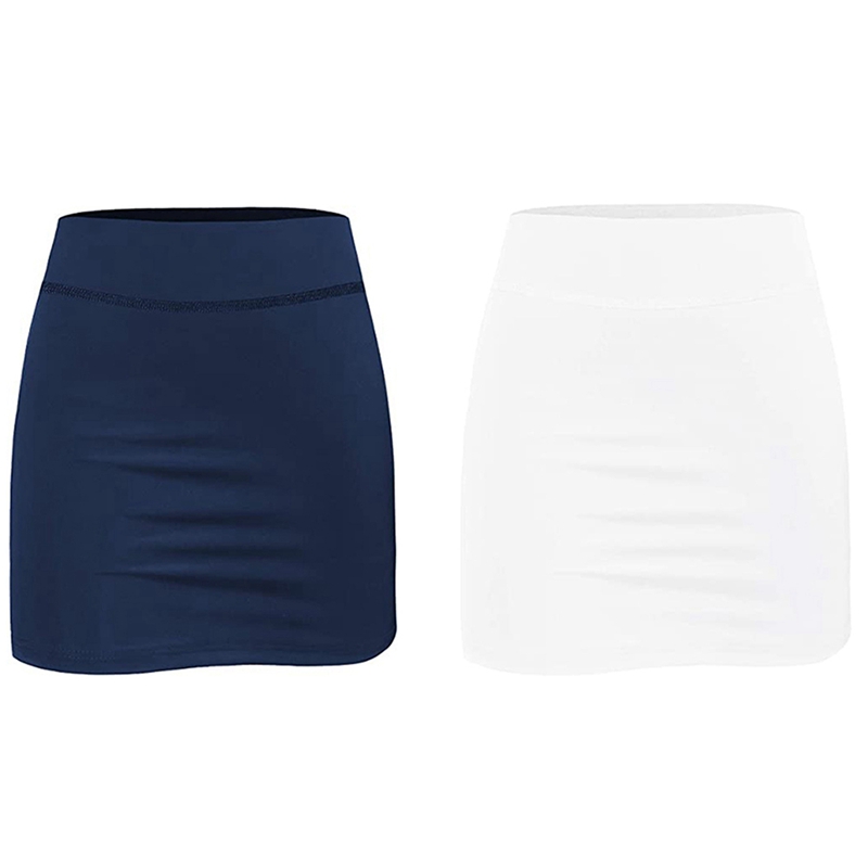 2x Women Tennis Skirts Inner Shorts Elastic Sports Golf Skorts with Pockets Fit Yoga Fitness Running S White & Dark Blue