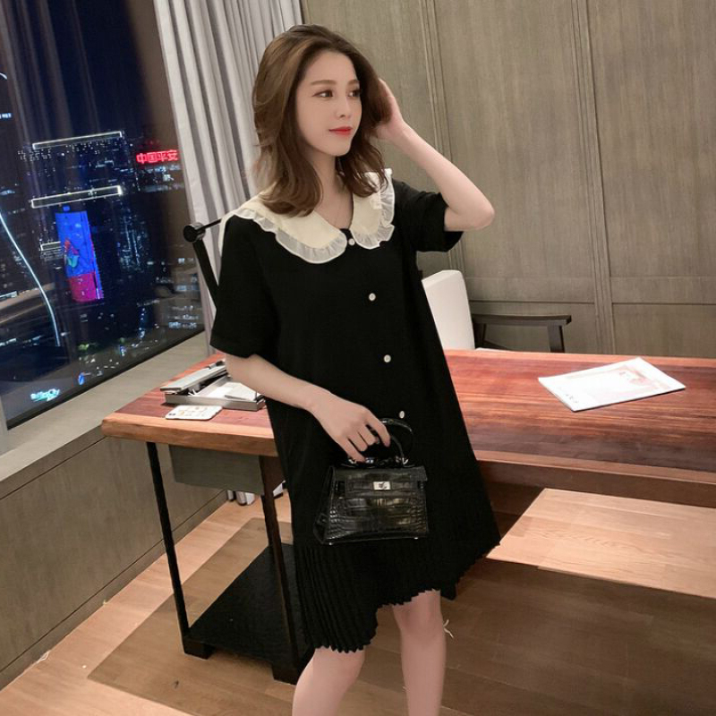 2020 Mùa Hè Mẫu Mới Nhỏ Cổ Búp Bê Dáng Suông Rộng Tôn Dáng Ngắn Tay Voan Xếp Li Đầm Váy Ngắn Cho Phụ Nữ Mang Thai
