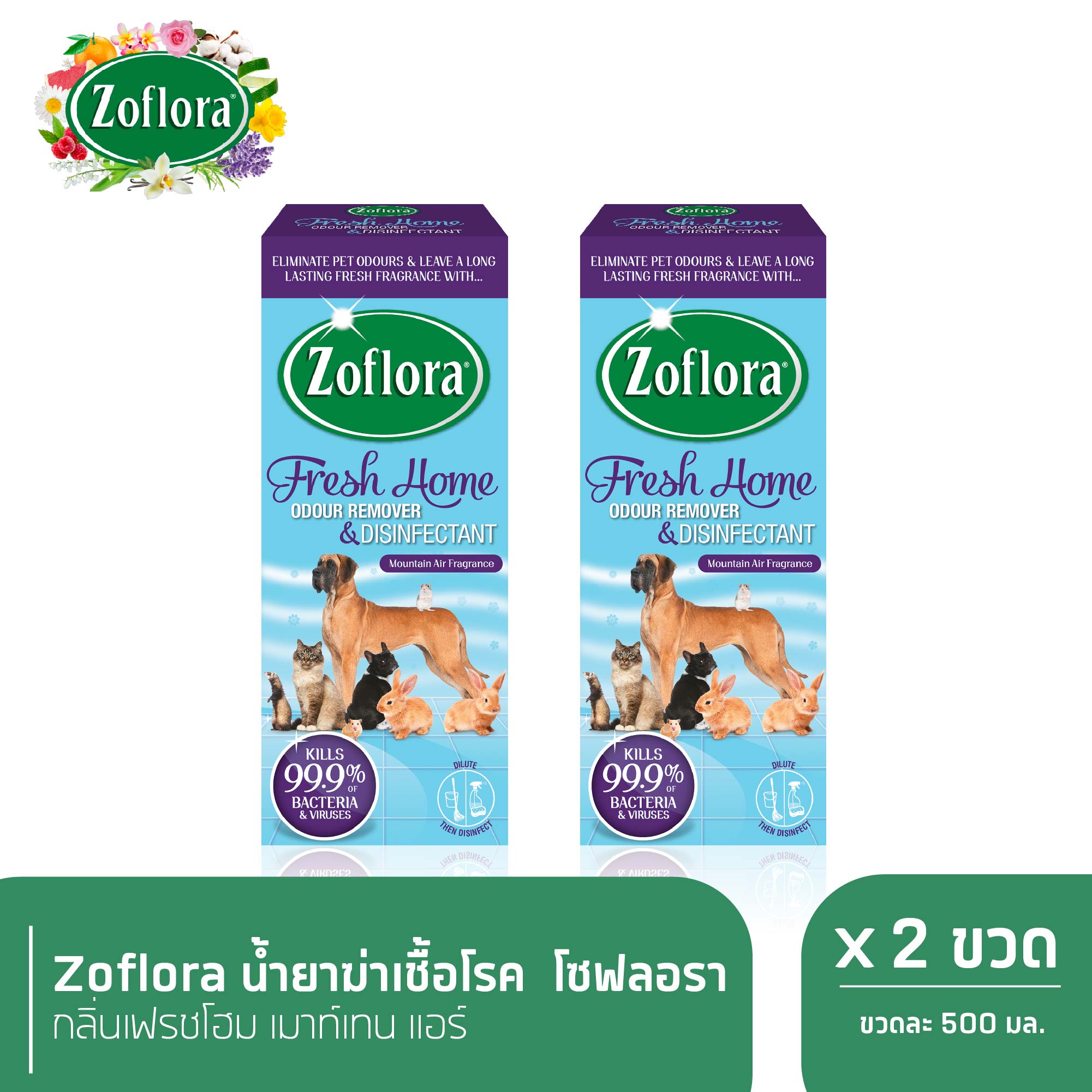 Zoflora น้ำยาฆ่าเชื้ออเนกประสงค์ สูตรเข้มข้น โซฟลอรา กลิ่นเฟรชโฮม เมาท์เทน แอร์ 500 มล. x 2