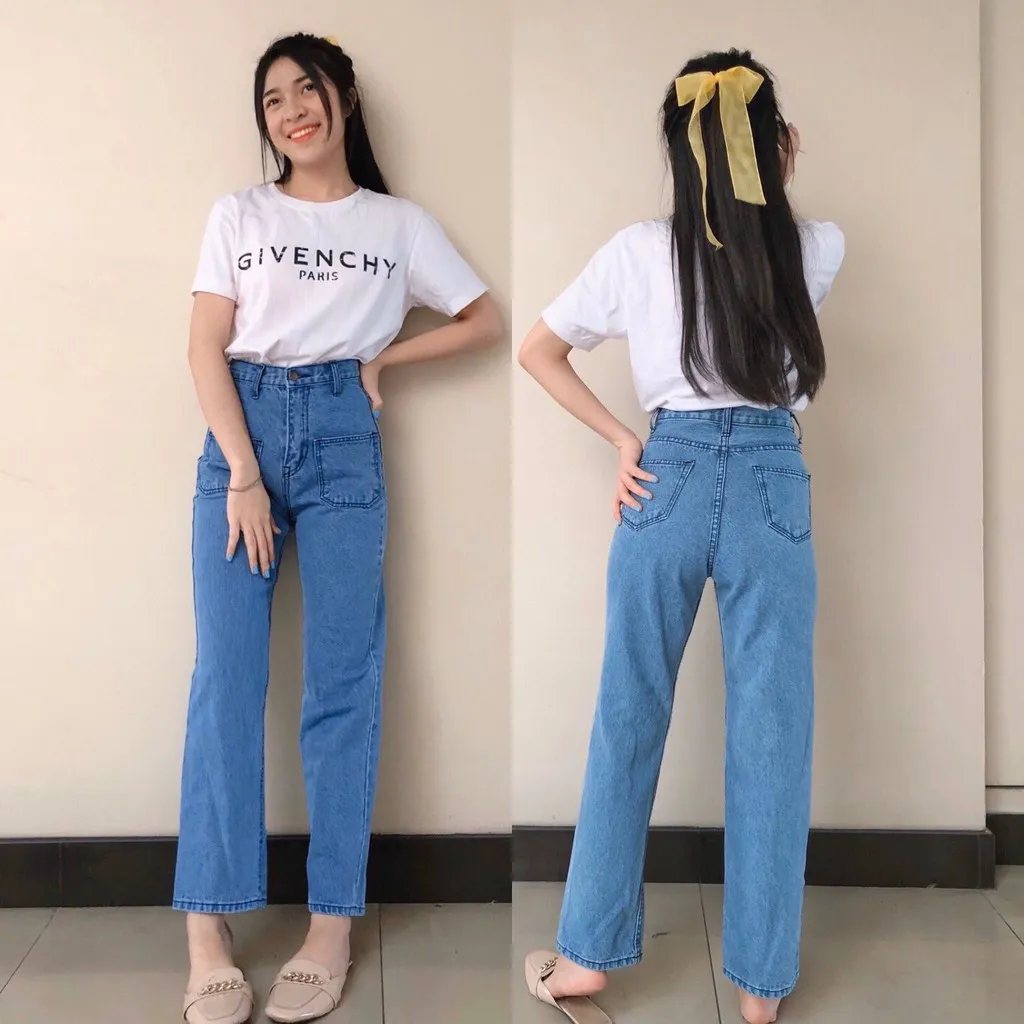 ☇▼☑  Cc jeans กางเกงยีนส์ผู้หญิง  089 กางเกงยีนส์ผู้หญิง เอวสูง กระบอก สีอ่อน กระเป๋าหน้า กางเกงผู้หญิง
