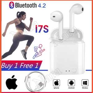 หูฟังไร้สาย( i7s tws) Bluetooth 4.2 Mini Wireless หูฟังไร้สายแบบคู่ for iPhone & Samsung โทรศัพท์ทุกรุ่น+Foxconnสายชาร์จแท้Lightning to USB Cable 1mแพ็คชิ้น