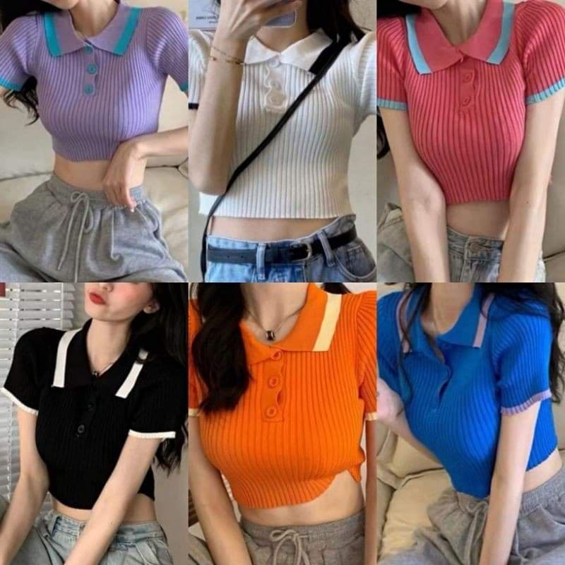 พร้อมส่ง  เสื้อครอปแขนสั้นคอปก ตัดขอบสี 5935