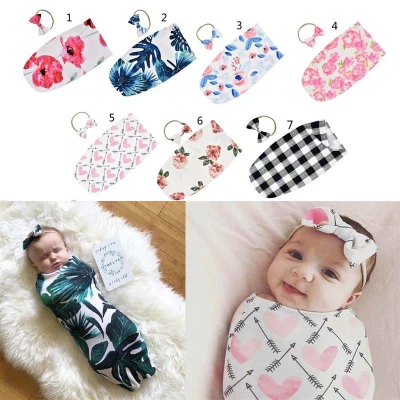 Newborn Infant Sleeping Bag Baby Fashion Printed Swaddle Blanket Muslin Wrap Headband 2PCS New Born Photography Prop Set