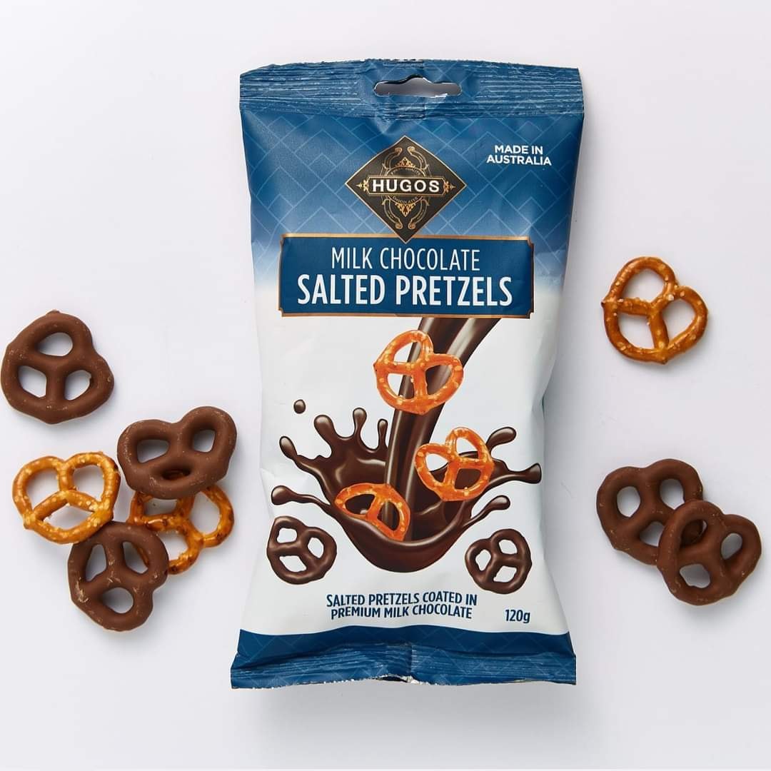 Made in Australia! hugos เพรทเซลช็อกโกแลต milk chocolate salted pretzels (120 g.)