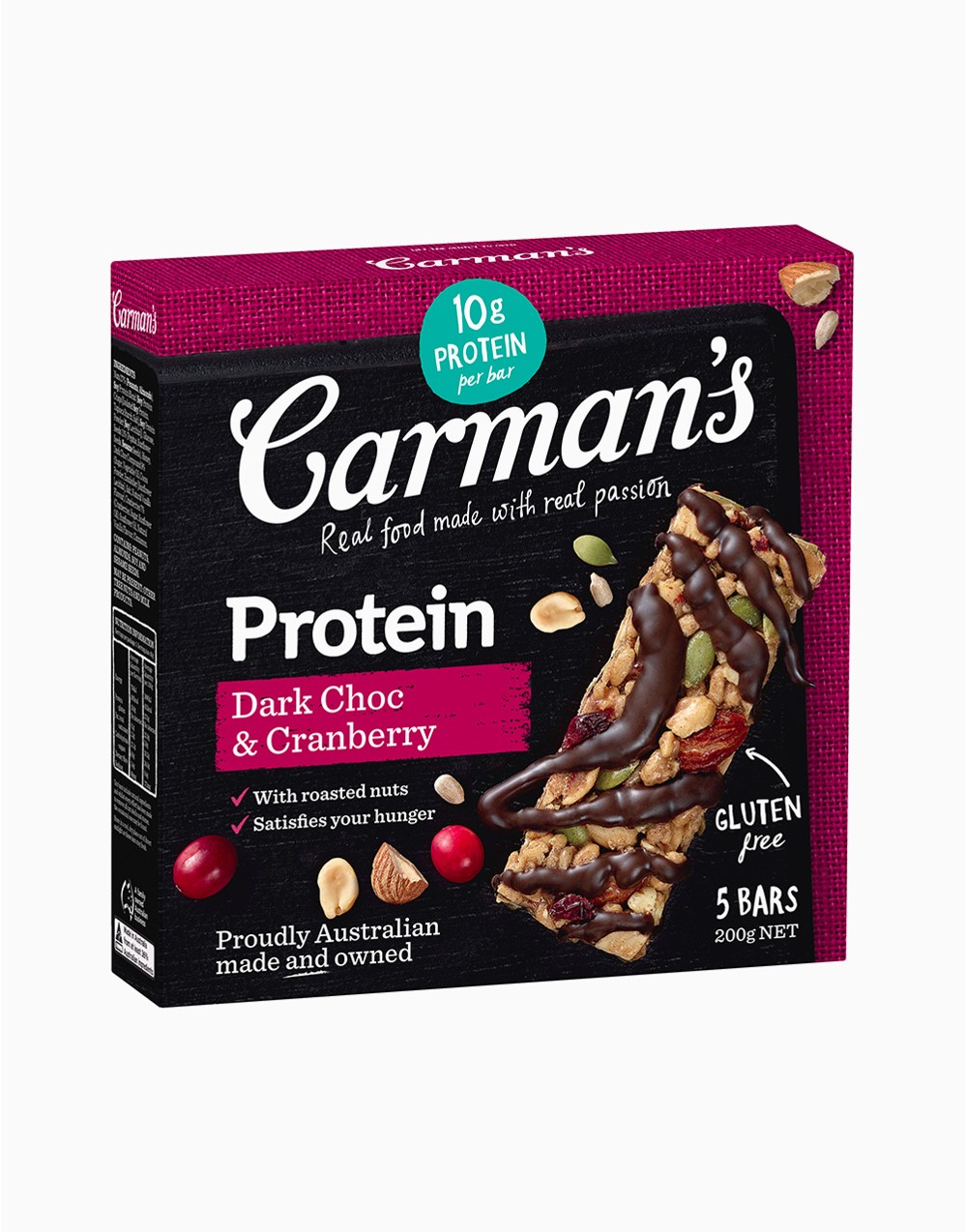 Carman's Protein Bar Dark Choc & Cranberry (Australia Imported) x5 Bars คาร์แมน โปรตีนชนิดแท่ง รสดาร์คช็อคและแครนเบอร์รี่ x5แท่ง