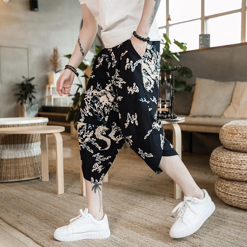 Chinese style linen harem pants cropped pants Japanese men's pants flax