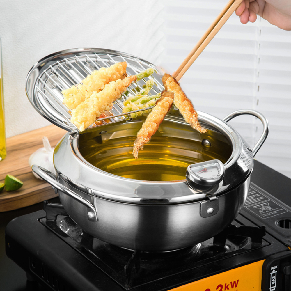 หม้อทอดเทมปุระ หม้อทอดเทมปุระสเตนเลสในครัวเรือน เทอร์โมมิเตอร์วัดอุณหภูมิทอด Mini Fried Chicken Household Japanese Style Cookware Tempura Deep Fryers Tempura Fryer Pan Kitchen Frying Pot