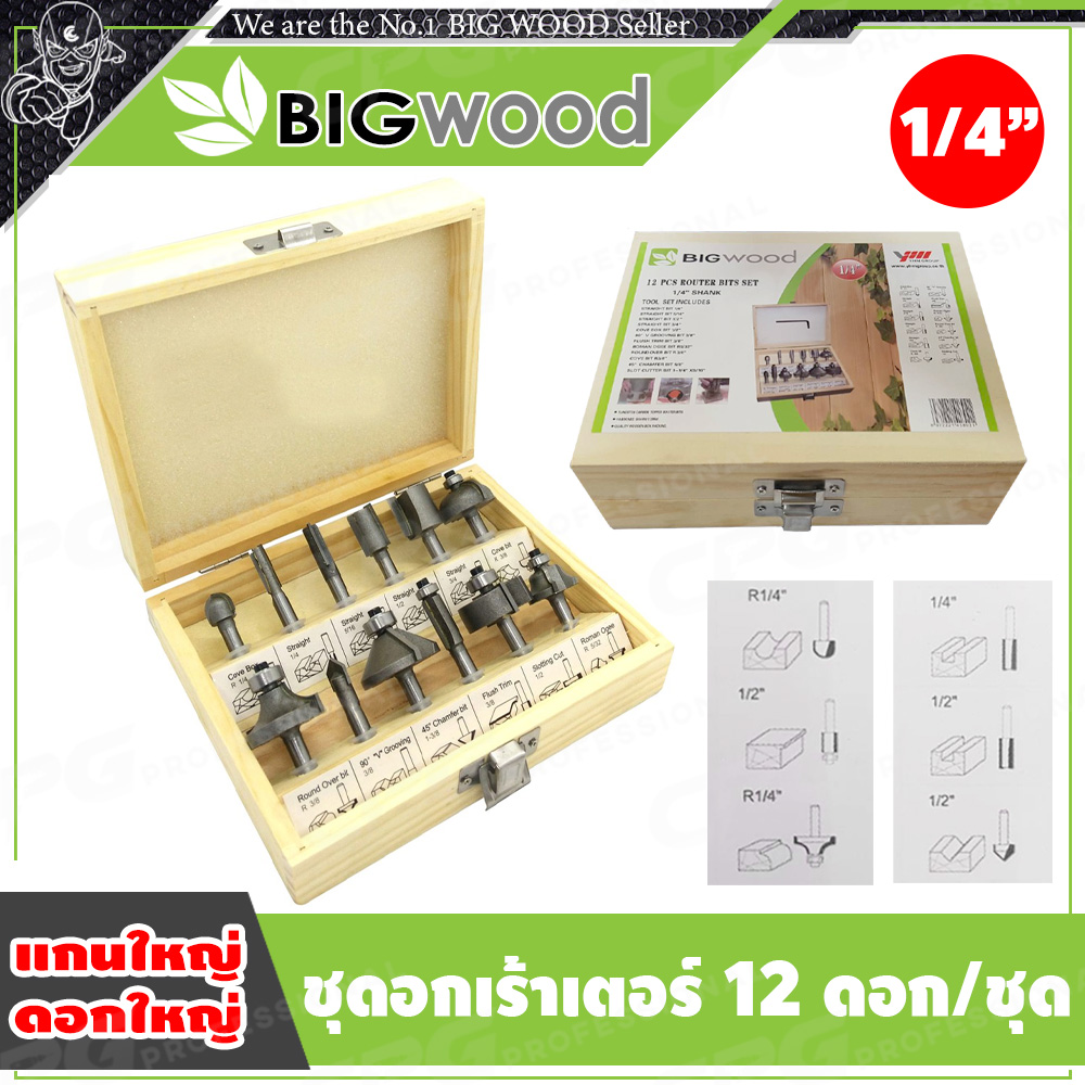 BIG WOOD ชุดดอก ทริมเมอร์ / เร้าเตอร์ - แกน 1/4นิ้ว(2หุน) แบบ 12 ดอก/ชุด ++เกรด A เหมาะกับ MAKITA M3700B / MAKITA 3709++