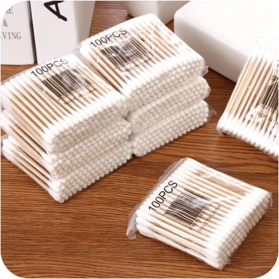 Cotton buds 100 sticks cotton budsspinning wart ้าม Wood cotton swab wipe Ah safe cosmetic cotton material cotton 100% cotton buds 100 pcs/pack