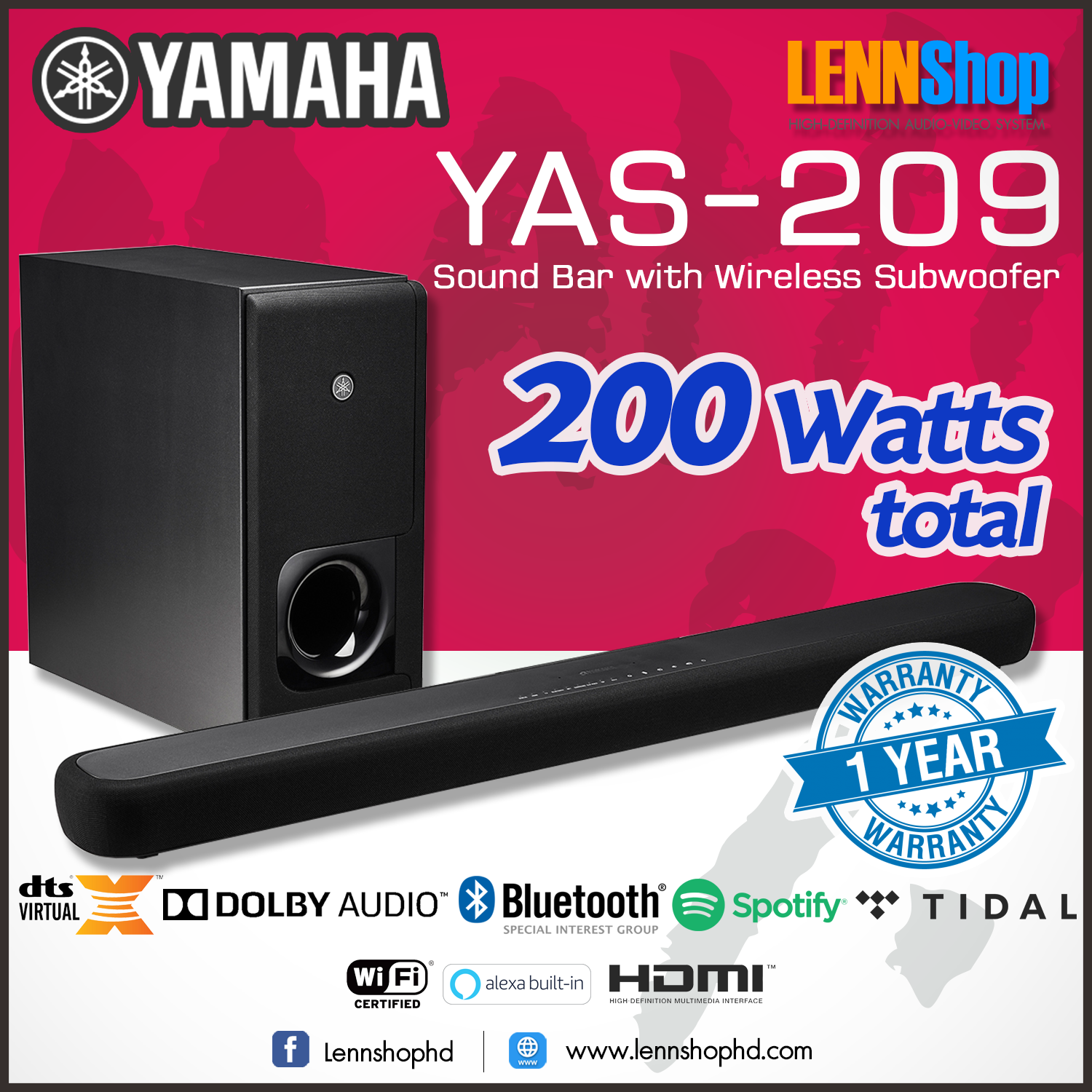 YAMAHA : YAS-209 200Watts DTS® Virtual:X™ virtual 3D Soundbar With Wireless Subwoofer รับประกันศูนย์ 1 ปี / YAMAHA YAS209 / LENNSHOP