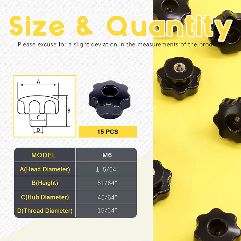 15Pcs M6 Star Knob Clamping Handle Nut Through Hole Set Brass Female