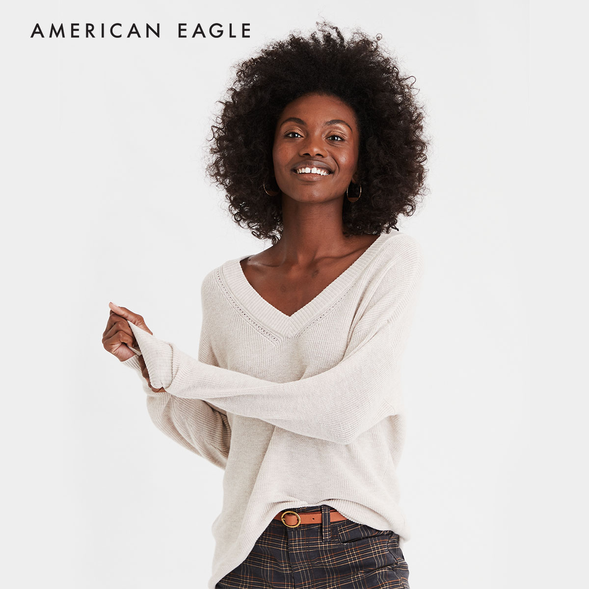 American Eagle V-Neck Pullover Sweater เสื้อ สเวตเตอร์ ผู้หญิง โอเวอร์ไซส์ คอวี(034-8808-286)