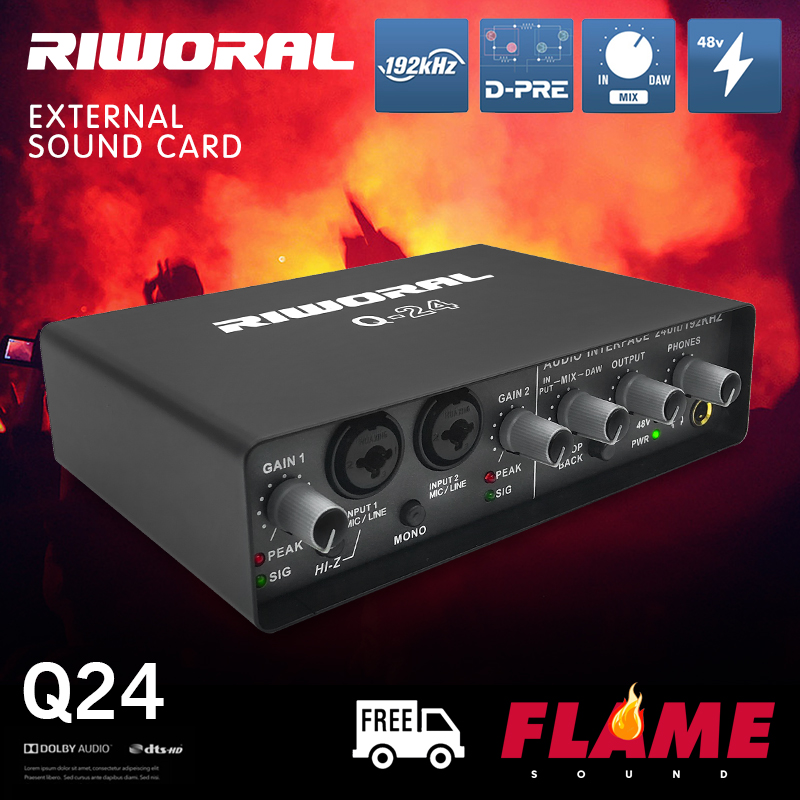 RIWORAL Q-24 การ์ดเสียง Sound card เครื่องเสียงมืออาชีพ ,การ์ดเสียงสเตอริโอ /Mono USB บันทึก24บิต/192 KHz เสียงความละเอียดในตัวแจ็คจอมอนิเตอร์ในตัวใช้