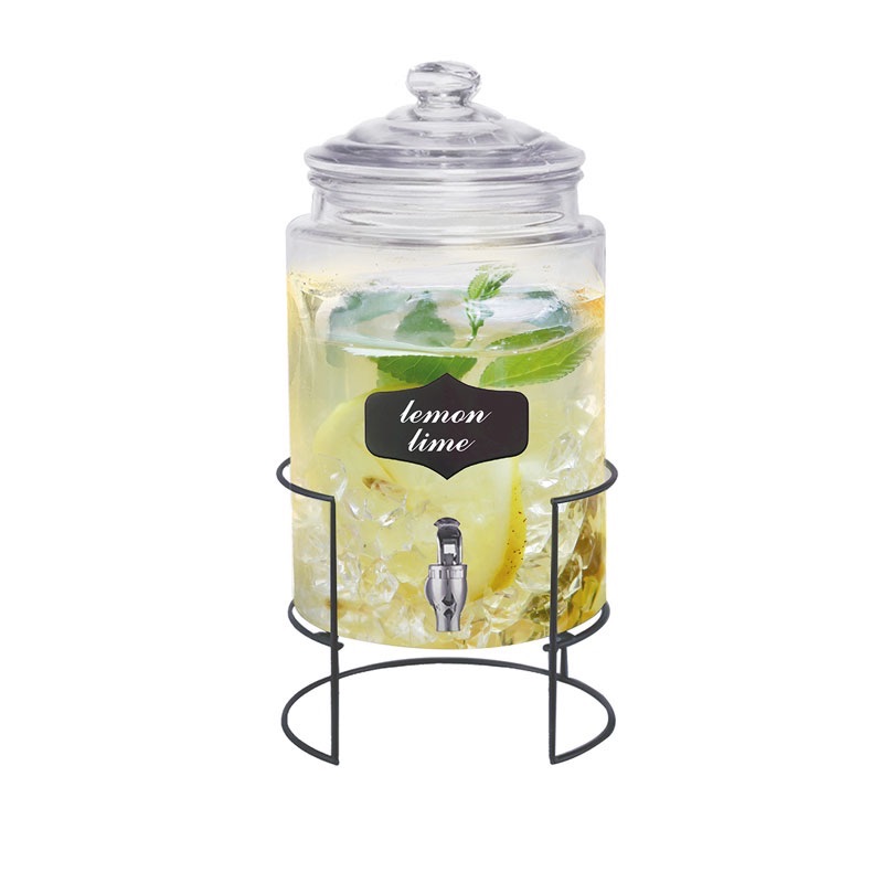 โถจ่ายน้ำ ฐานเหล็ก ความจุ 5.8 ลิตร โหลแก้วจ่ายน้ำ พร้อมขาตั้ง juice