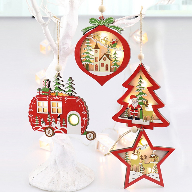 4 PCS Christmas Painted Tree Pendant Xmas Wooden Ornaments LED Hanging Decor for Holiday Xmas Party Home Decoration