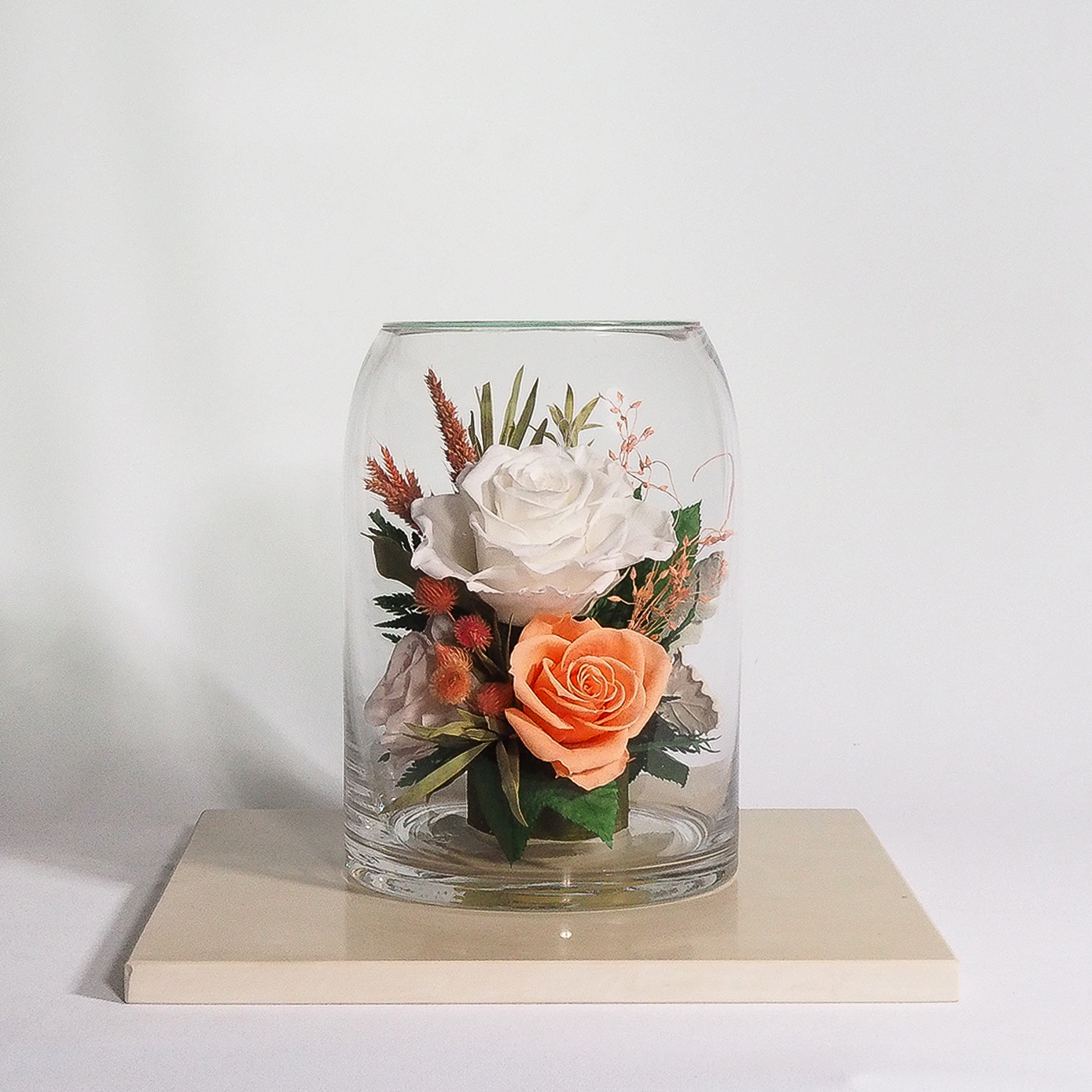 Preserved Flower Imported From Japan (Whitw-Peach-Pink Champagne)(67150). For Valentines, Gift, Home Decoration, Anniversary and present for your love ones. 100% natural flower.