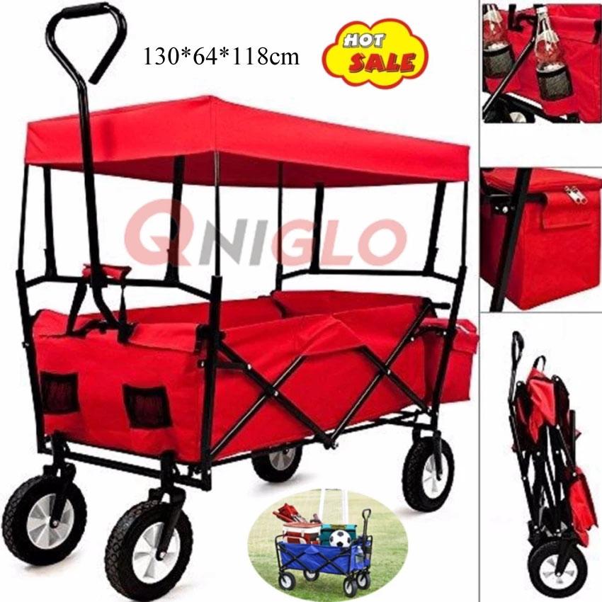 Double รถเข็น รถเข็นสินค้า Sports Premium Collapsible Folding  Wagon With Canopy Outdoor Utility Shopping Cart