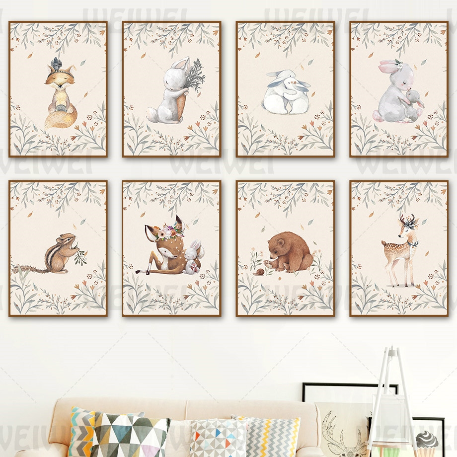 Bear Vintage Woodland Animal Poster Prints Squirrel Rabbit Deer- Set of 6 5x7 Unframed Wall Art Prints Fox Inc Ink Mouse