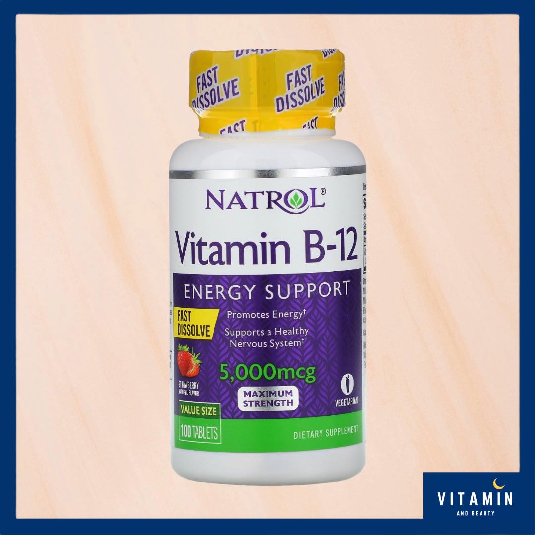 วิตามินบี12 Natrol, Vitamin B-12, Fast Dissolve, Maximum Strength, Strawberry, 5000 mcg, 100 Tablets