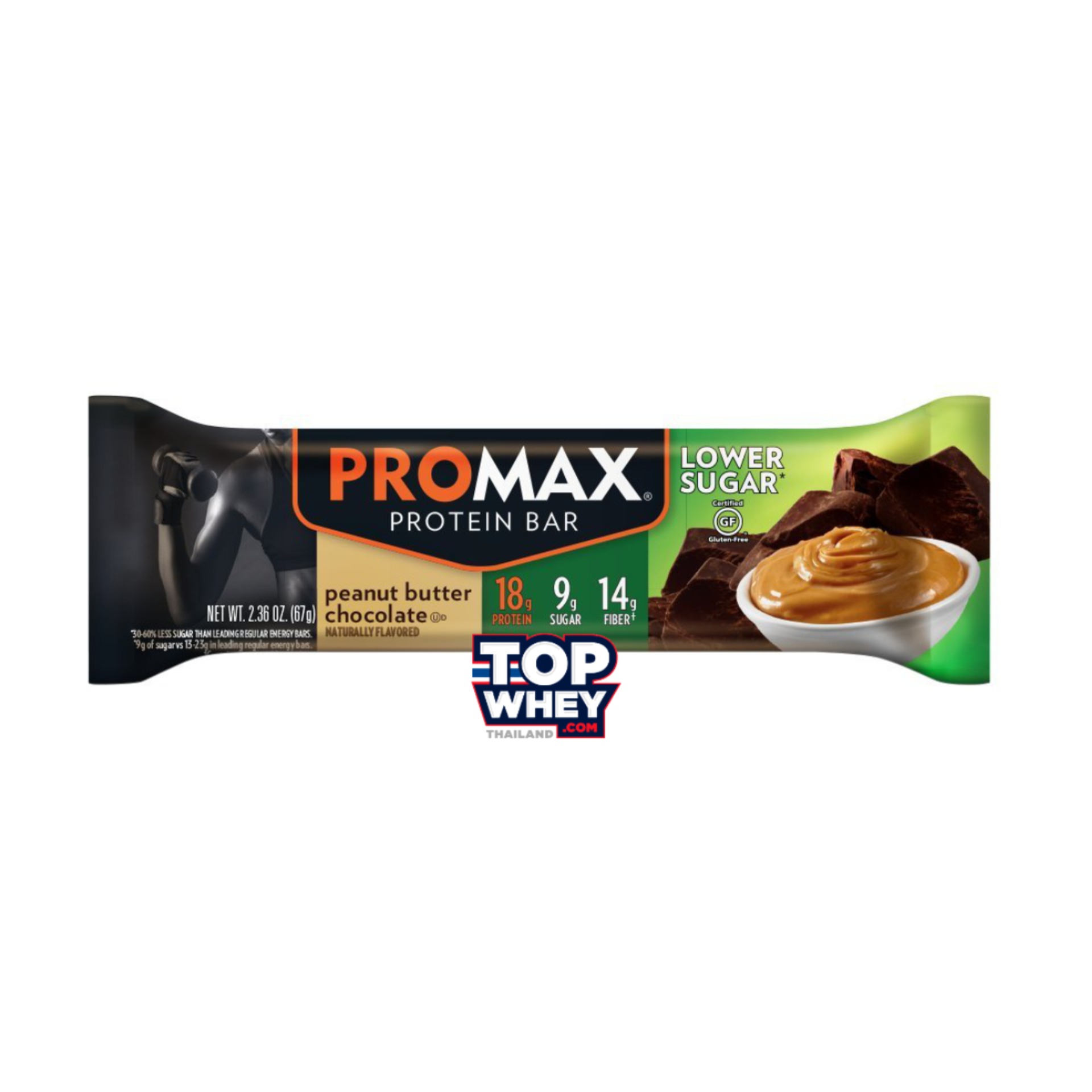 Promax Low Sugar Protein Bars - 1 Bar Peanut Butter Chocolate  โปรตีนบาร์  มีส่วนผสมของเวย์โปรตีน  มีปริมาณน้ำตาลที่ต่ำ  สามารถทานเล่น หรือแทนมื้ออาหารได้  มีปริมาณของโปรตีนที่สูง