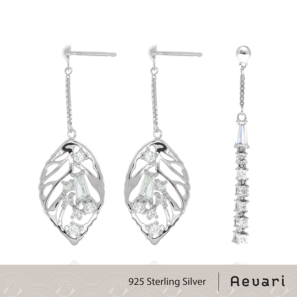 Aevari Rain Drop on Leaf Dangling Earrings Set Sterling Silver 925 with CZ and Rhodium Plated