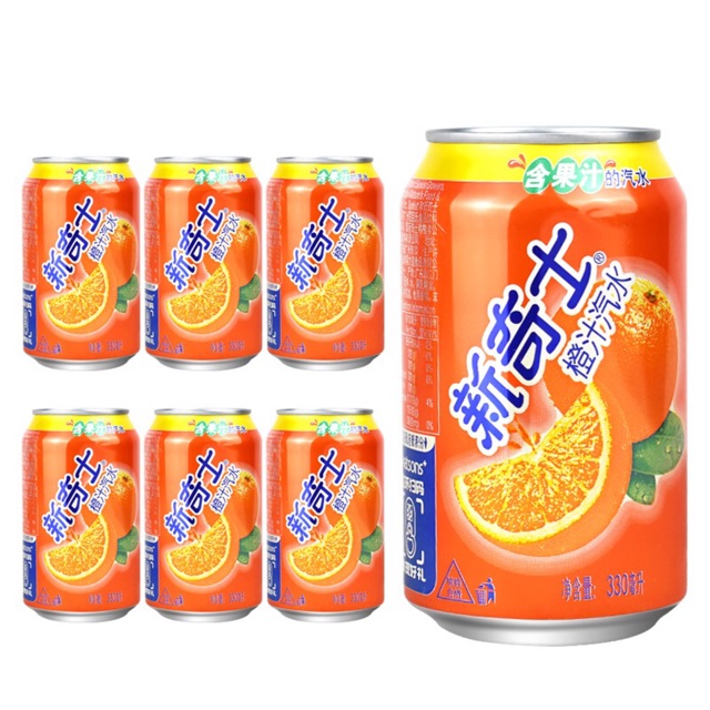 น้ำส้ม น้ำอัดลม(新奇士น้ำส้มโซดา)ขนาด330ml เป็นน้ำอัดลมที่ให้ความสดชื่น และรสชาติแสนยอดเยี่ยมด้วยความชุ่มฉ่ำของรสผลไม้ส้ม