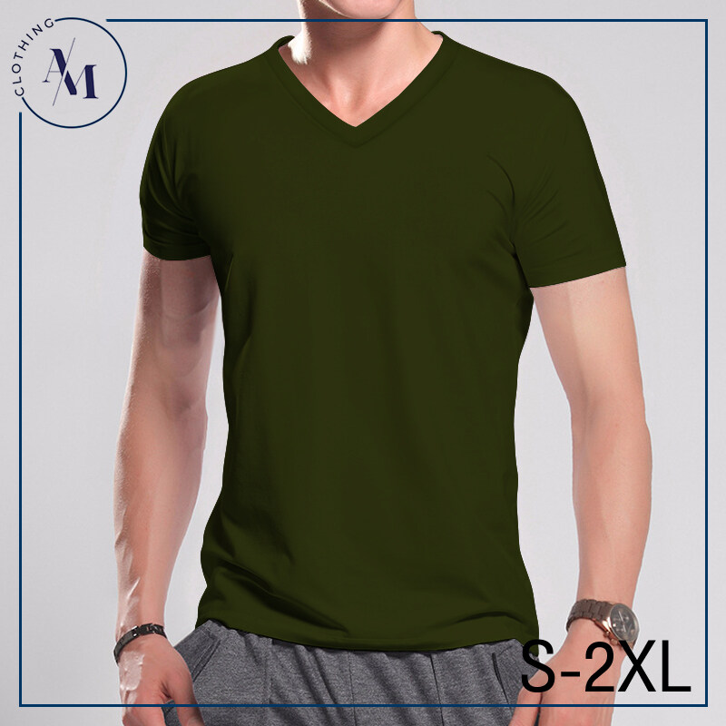 เสื้อยืด คอวี สีเขียวขี้ม้า ราคาโรงงาน Cotton 100% เบอร์32 ทรง Body size  คอกลมไซส์ S/M/L/XL/XXL