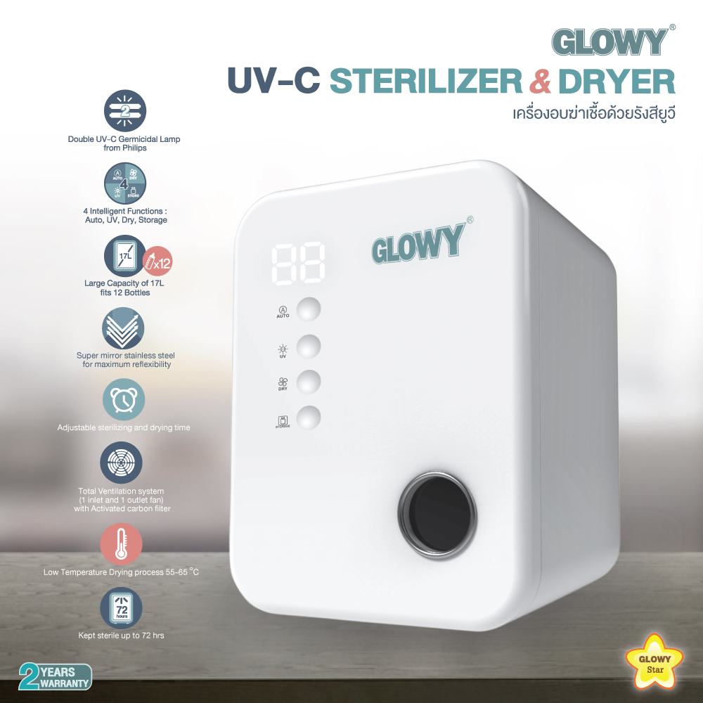 GLOWY เครื่องอบฆ่าเชื้อด้วยรังสียูวี UV-C Sterilizer & Dryer หลอดไฟฟิลิปส์ ความจุ 17 ลิตร รับประกัน 2 ปี