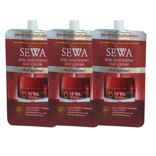 Sewa ครีมซองกันแดด Sewa Rose whitening day cream SPF 50+PA เซวา ไวท์เทนนิ่ง เดย์ ครีม ชนิดซอง (8ml/ซอง) จำนวน 3 ซอง