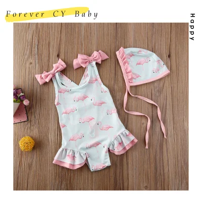 【Forever CY Baby】 Kids Baby Girls Bikini Set Flamingo Swimwear Bow Strap Swimsuit with Hat 2Pcs Children Girl Beachwear Bathing Suit
