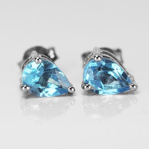 ต่างหูเงินแท้ ชุบทองคำขาว แบบแกน ประดับพลอยธรรมชาติแท้ สวิส บลูโทพาส (Swiss Blue Topaz) : มณีธารา MT Jewelry (ge335)