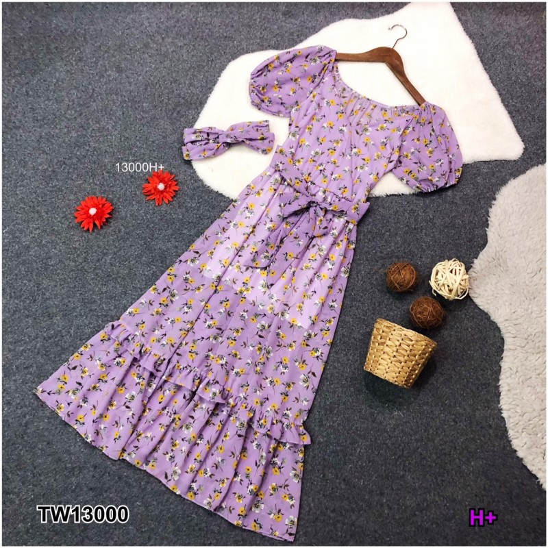 MM13000 เดรสชีฟองลายดอก + ยางโพกผม Floral chiffon dress + hair band ThaiPick
