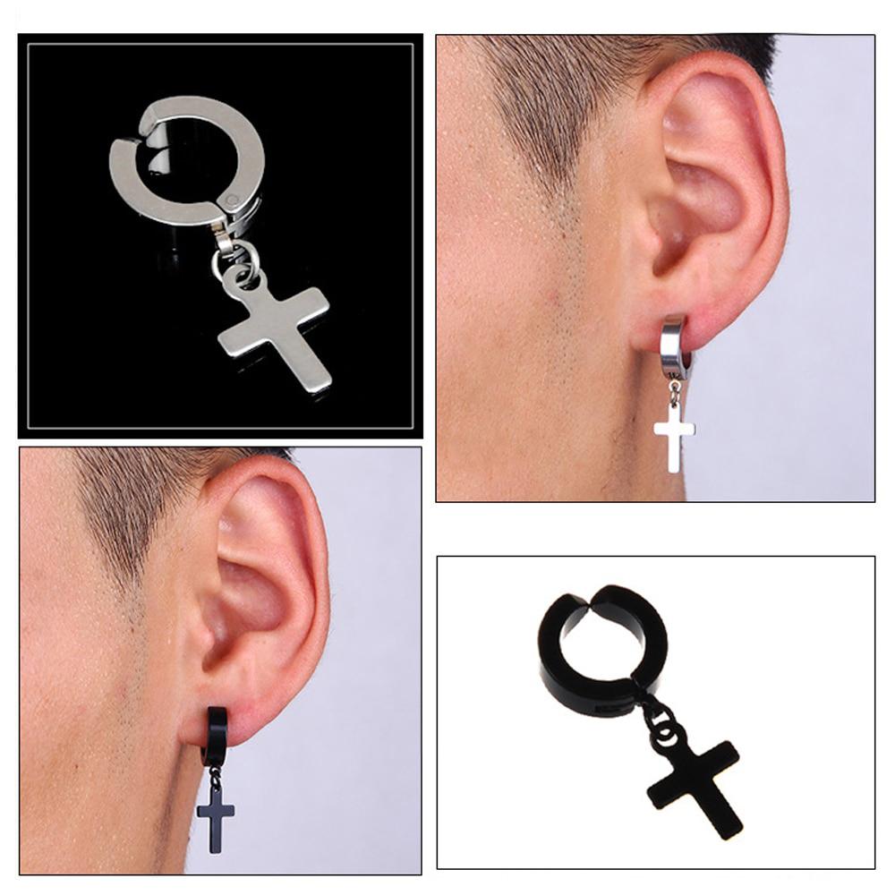 ต่างหู ไม่ต้องเจาะหู ตุ้มหู จิว ไม้กางเขน Cross Huggie Stud Earrings for Men Stainless Steel  Earing Punk Male Costume Jewelry- 1 ชิ้น