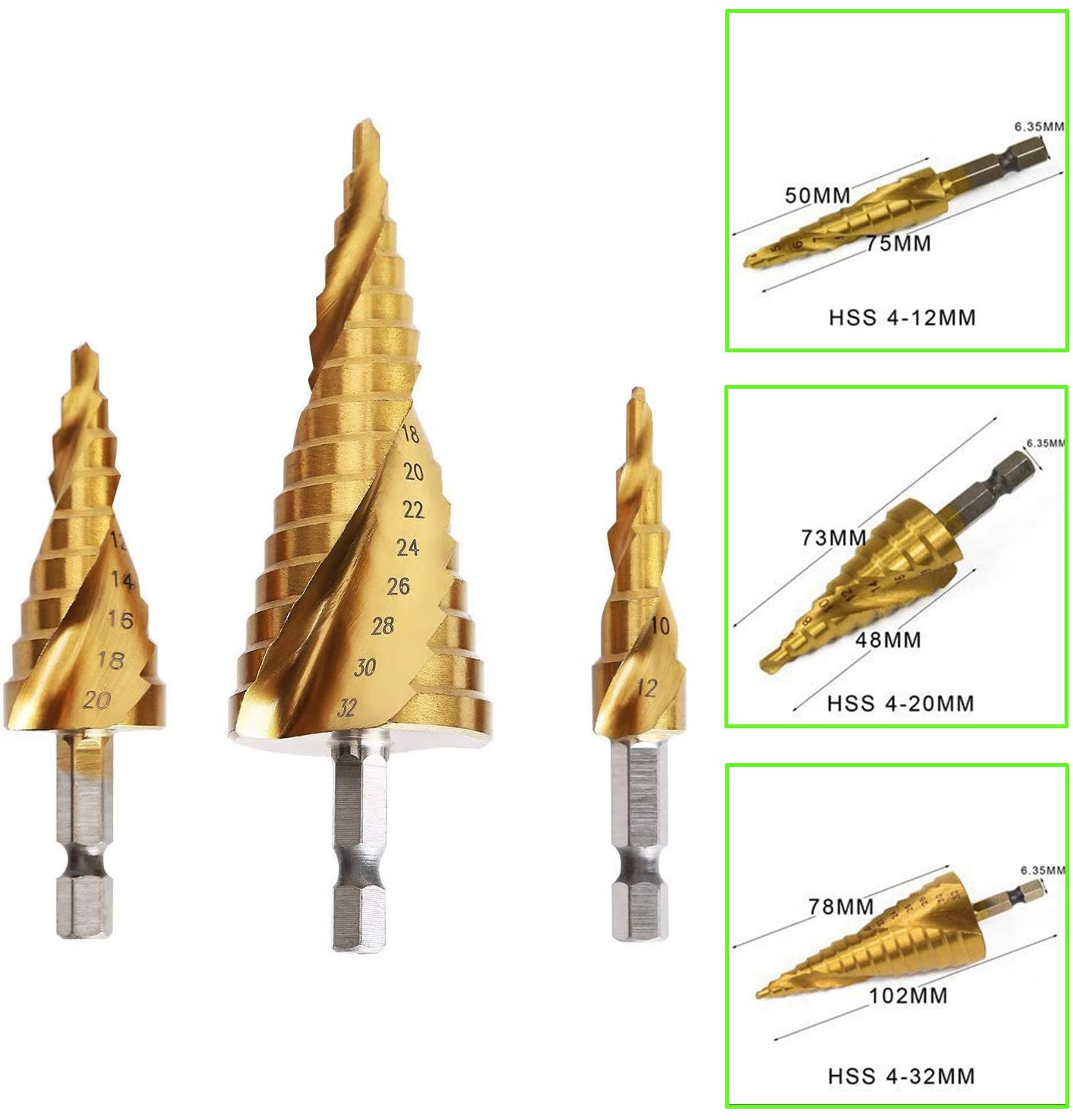 ดอกสว่าน ทรงเจดีย์ ทรงเกลียว เคลือบไทเทเนียม ขนาด 4-32 มม. 3 ดอกต่อชุด HHS Step Drill Titanium Size 4-32mm. 3 Pcs/Set
