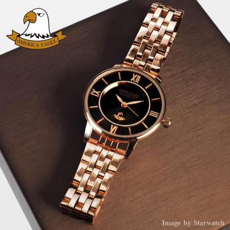 AMERICA EAGLE นาฬิกาข้อมือผู้หญิง สายสแตนเลส รุ่น AE078L - Pink Gold / Black
