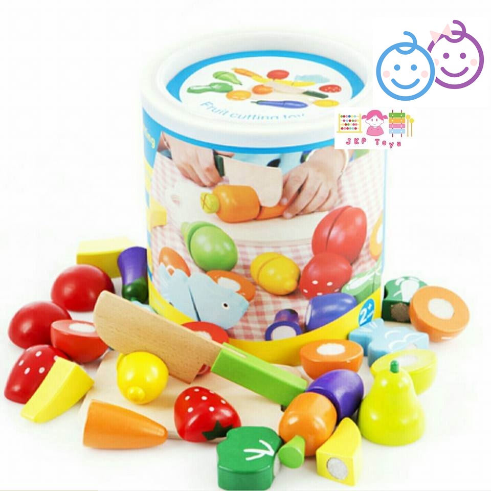 Todds & Kids Toys ของเล่นไม้เสริมพัฒนาการ ชุดหั่นผัก ผลไม้ ในถัง 11 ชนิด